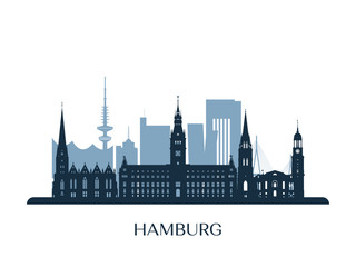 Hamburg skyline, monochrome silhouette. Vector illustration. - obrazy, fototapety, plakaty