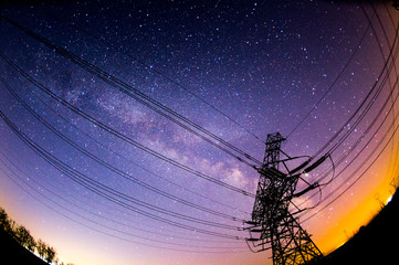 Electric tower at night, the Milky Way