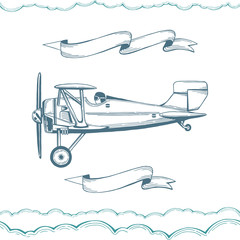 Airplane. Hand drawn biplane illustration with advertising banners. Aeroplane sketch drawing. Part of set.