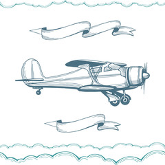Airplane. Hand drawn biplane illustration with advertising banners. Aeroplane sketch drawing. Part of set. © Goga