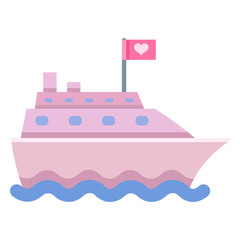 Vector Color Pink Flat Cruise Ship Icon with Love Flag