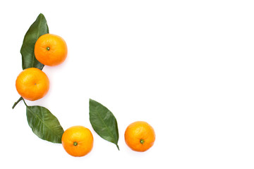 Orange tangerines with green leaves on white isolated background. Copy space. For your text. Nobody. 