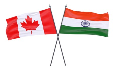 Canada and India, two crossed flags isolated on white background. 3d image