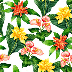 Watercolor bright botanical tropical floral seamless pattern