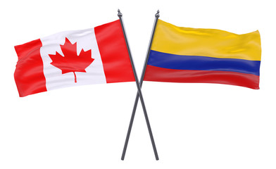 Canada and Colombia, two crossed flags isolated on white background. 3d image