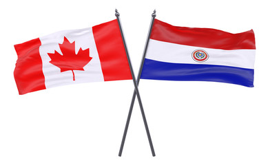 Canada and Paraguay, two crossed flags isolated on white background. 3d image