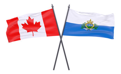 Canada and San Marino, two crossed flags isolated on white background. 3d image