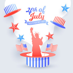 4th of July Independence Day poster or flyer design decorated with Statue of liberty, American waving flags and uncle sam hat.