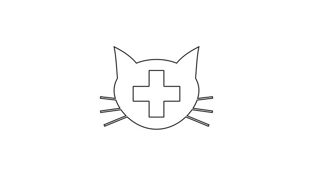 Black Veterinary clinic symbol line icon on white background. Cross with cat veterinary care. Pet First Aid sign. 4K Video motion graphic animation
