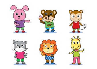 Set Animal Vector Cute. Rabbit, Bear, Monkey, Cat, Lion, Giraffe