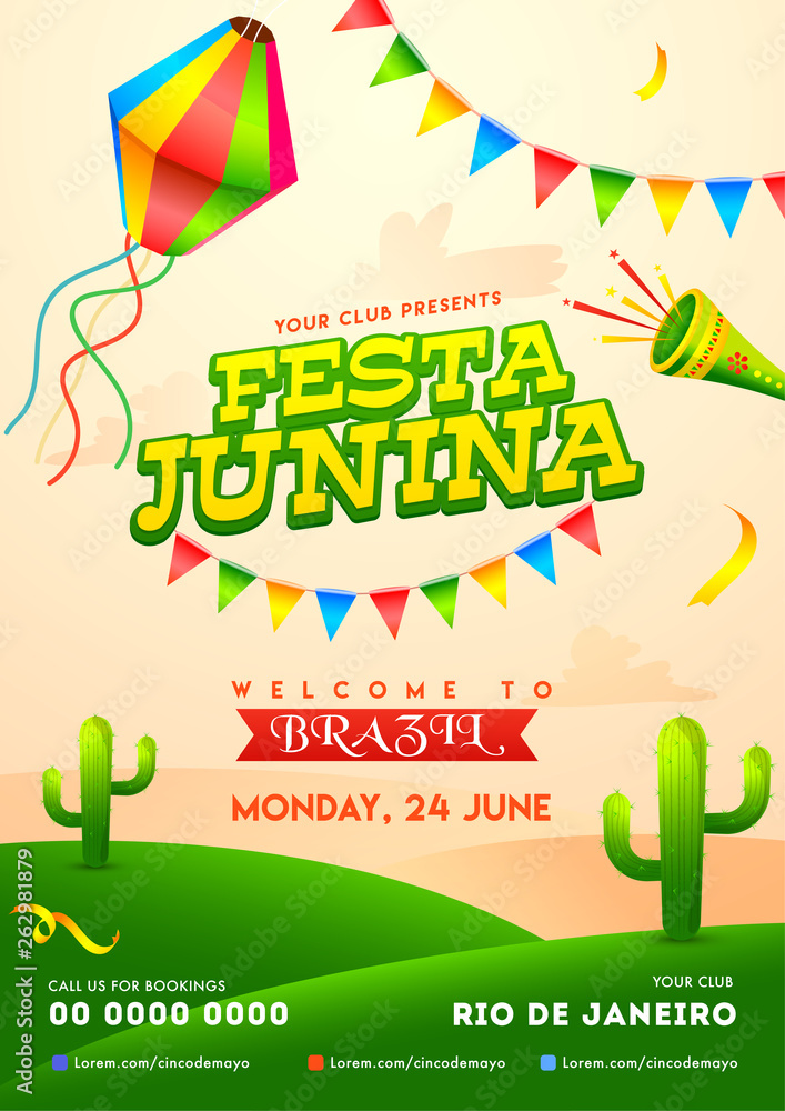 Poster festa junina party invitation card design with event detail, date and time.