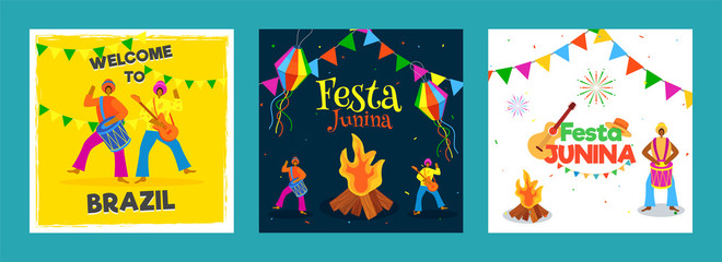 Set of Festa Junina party celebration poster or template design with Brazilian men playing music instrument.