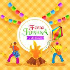 Illustration of Brazilian men playing music instrument with bonfire for Festa Junina party celebration poster or banner design.