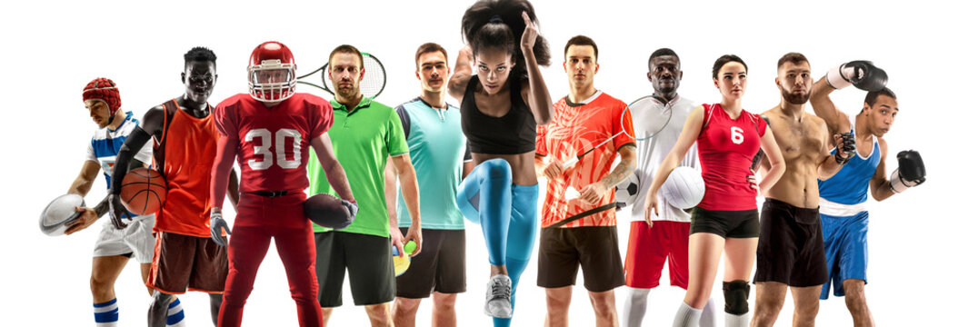 Sport collage about female athletes or players. The tennis, running, badminton, volleyball.