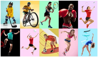 Zelfklevend Fotobehang Sport collage about athletes or players. The tennis, running, badminton, rhythmic gymnastics, volleyball. © master1305