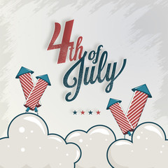 Calligraphy text 4th Of July with firework rocket on texture cloudy background for celebration concept.