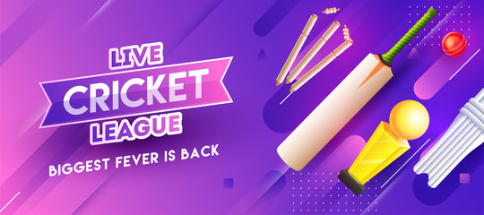 Purple header or banner design design with cricket elements for Live Cricket League concept.