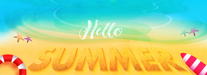 Fototapeta na wymiar Hello Summer website header banner design with beach view.