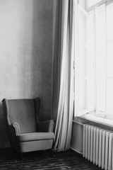  Modern armchair. Modern interior. Black and white photo