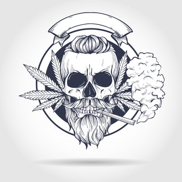 Sketch, skull with beard and mustaches, cigarette, hemp leaf