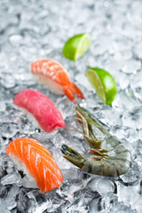 Salmon and shrimp sushi on ice
