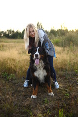 Young woman walking with Bernese Mountain Dog on the summer field