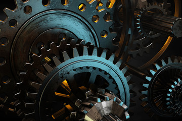 Brutal steel gears of different shapes and diameters.