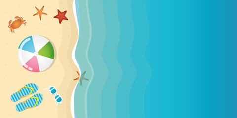 beach utensils sunglasses flip flops and ball on the sand with starfish and crab and turquoise water vector illustration EPS10