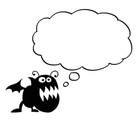 Cartoon drawing conceptual illustration of crazy flat black monster with empty text bubble or speech balloon ready for your text.