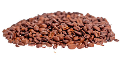 Coffee beans scattered around a cup of coffee.