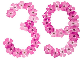 Numeral 39, thirty nine, from natural pink flowers of periwinkle, isolated on white background