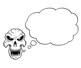 Cartoon drawing conceptual illustration of angry monster skull with sharp teeth looking front with empty speech or text bubble or balloon.