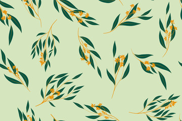 Obraz premium Bright Floral Seamless Pattern. Vector Eucalyptus Leaves and Beautiful Blossom Elements. Colorful Botanical Summer Background. Floral Seamless Pattern for Wedding Design, Print, Textile, Fabric, Paper