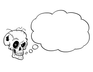 Cartoon drawing conceptual illustration of crazy monster skull with evil eyes with empty speech bubble or text balloon.