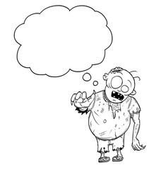 Cartoon drawing conceptual illustration of fat crazy Halloween monster zombie with empty speech bubble or text balloon.