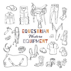 Vector illustrations on the equestrian equipment theme. Western.