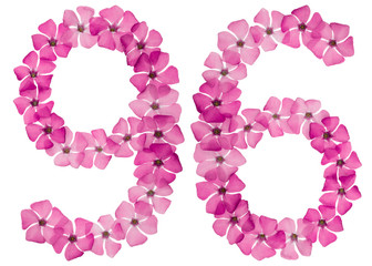 Numeral 96, ninety six, from natural pink flowers of periwinkle, isolated on white background