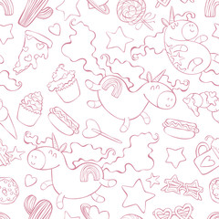 Unicorns and sweets. Cartoon print. Seamless vector pattern (background).