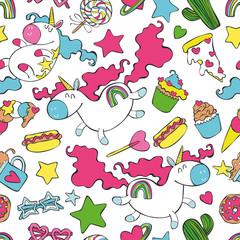 Unicorns and sweets. Cartoon print. Seamless vector pattern (background).