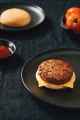 Process making of burger, step by step isolated on black background. Burger wide banner. Split burger. Burger divided in parts