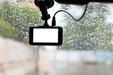 video camera recorder in vehicle car, empty blank white screen display