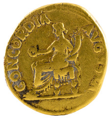 Ancient Roman gold aureus coin of Emperor Nero. Reverse.
