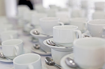 Served tables in restaurants and cafes, meals and drinks on the tables, room design.