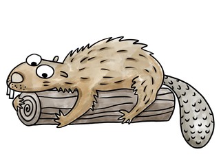Cartoon beaver swimming on a log © IngaStar