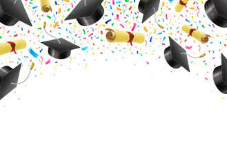 Graduate caps and diplomas flying with multi colored confetti. Academic hats in air with ribbons