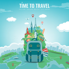Travel composition with famous world landmarks. Travel and Tourism concept. Vector