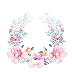 Watercolor illustration of a bouquet with a purple and delicate pink rose, leaves and bud, greeting card