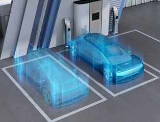 Wireframe rendering of Fuel Cell powered autonomous car in Fuel Cell Hydrogen Station. Digital Twin concept.  3D rendering image.