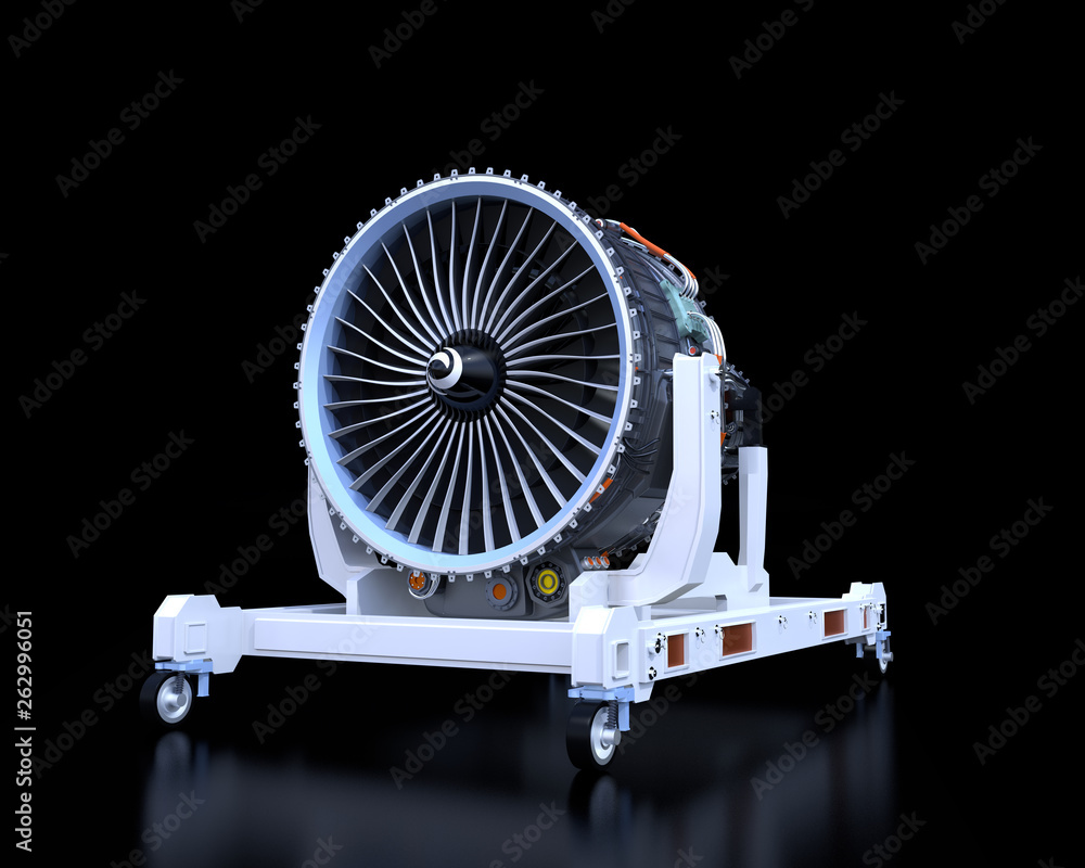 Poster turbojet engine on engine stand isolated on black background. 3d rendering image.