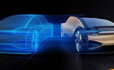 Autonomous electric car and wireframe rendering of the car body on right side. Digital Twin concept.  3D rendering image.
